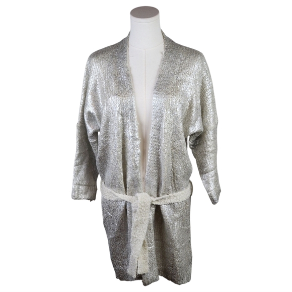 Grifflin Sweaters - Grifflin Paris Metallic Silver Knit Cardigan S/M Belted Boucle Open Front